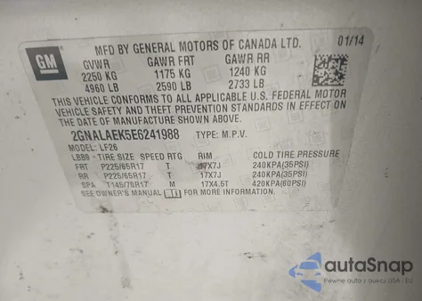 2014 Chevrolet Equinox Ls из США, поврежденный, VIN 2GNALAEK5E6241988